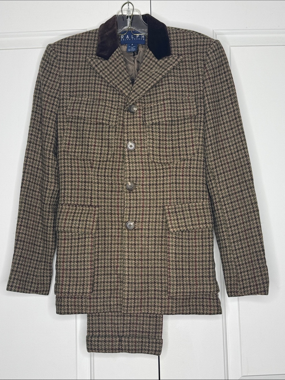 Ralph Lauren Brown Houndstooth Wool Pantsuit with Dark Brown Corduroy Collar 2